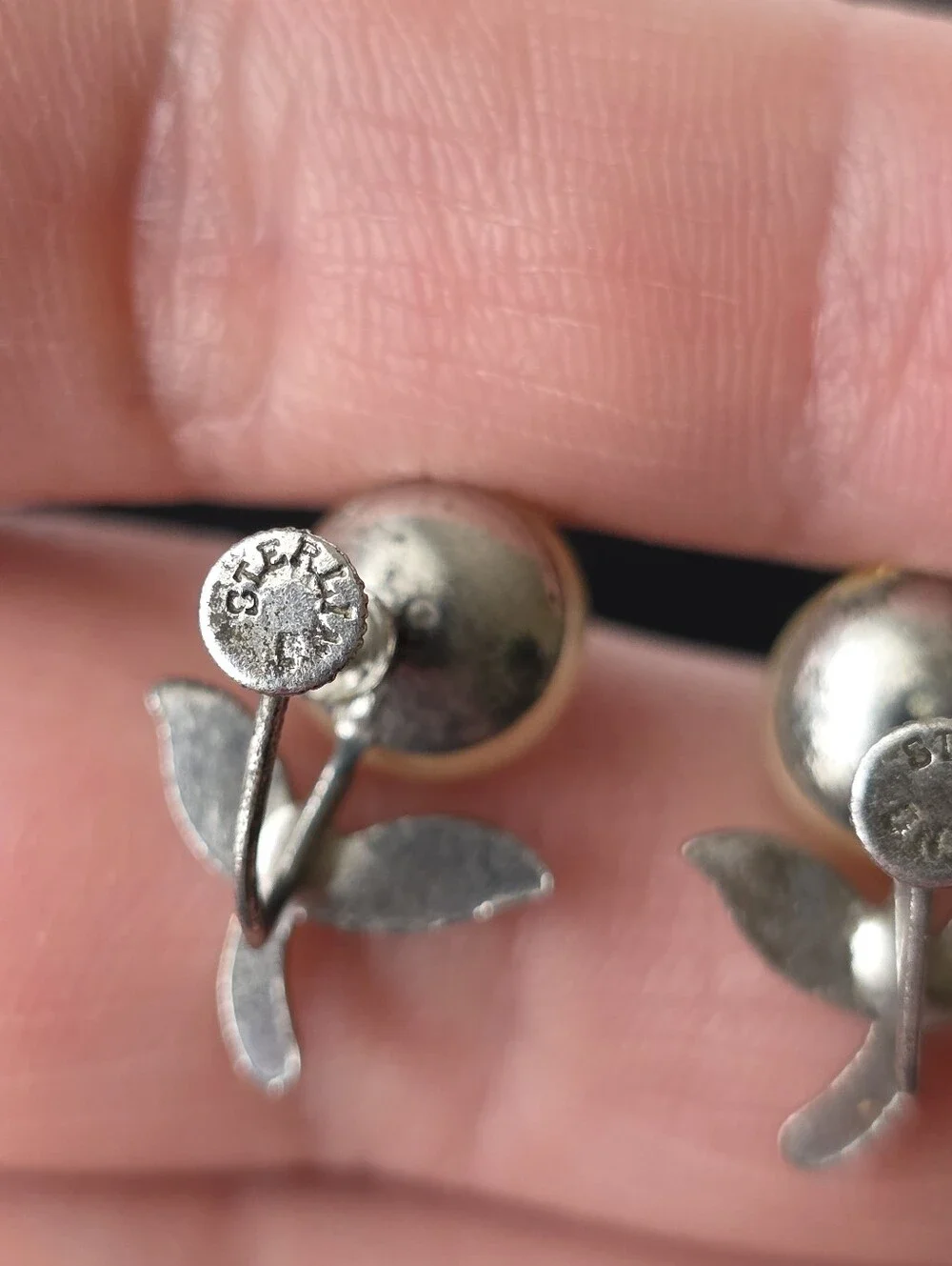 Vintage Sterling Silver Screwback Earrings Faux Pearl And Rhinestone Flower